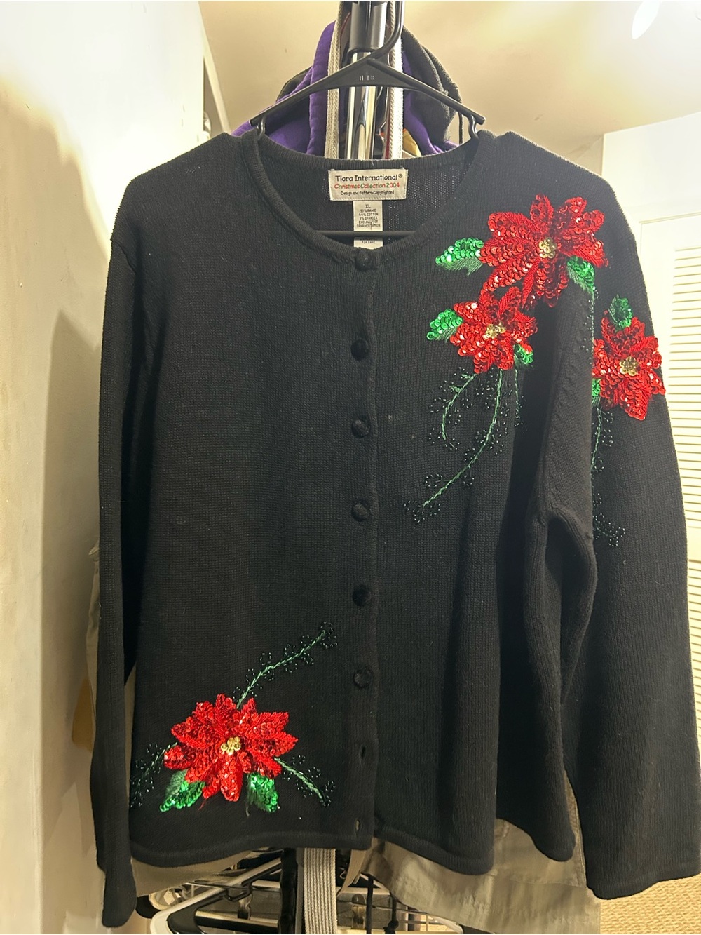 Vintage Tiara International Christmas Collection 2004 Poinsettia Cardigan XL